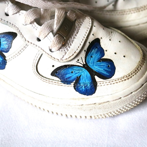 NIKE Air Force One White Customized Blue Butterfly Youth 4.5 (EU 36.5) - Picture 2 of 14